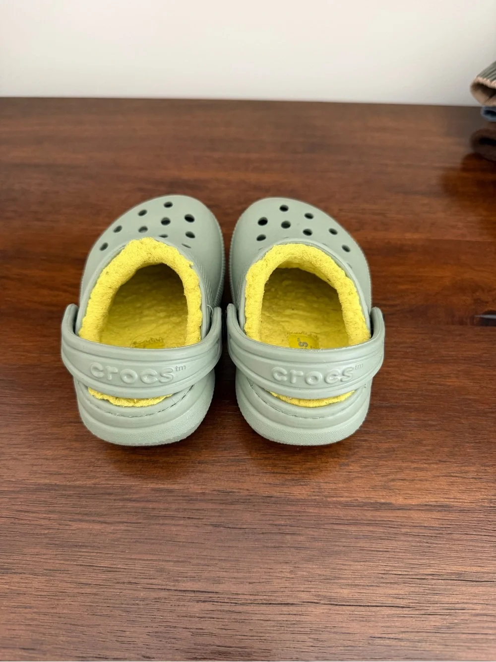 Kids Cozy Slip-On CROCS with Yellow Fleece Lining - Sage Green